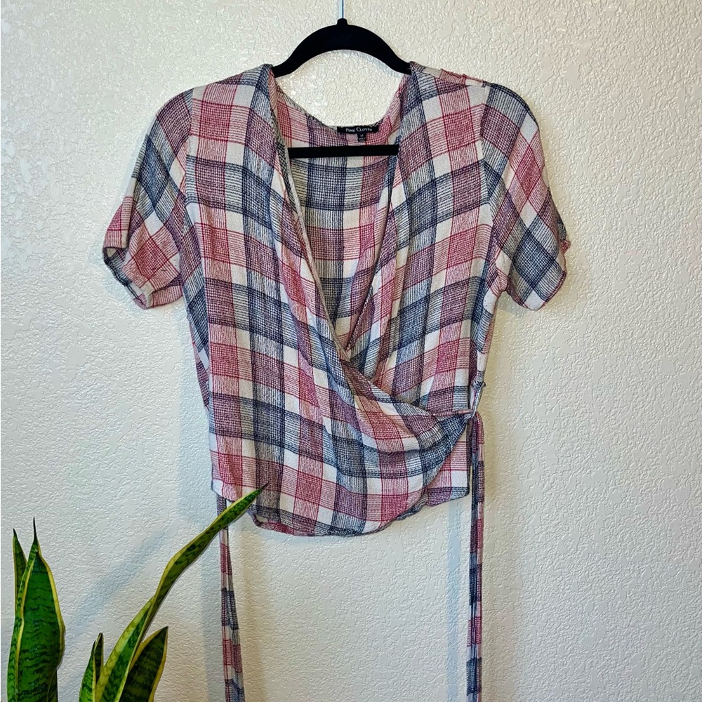 Pink Clover Red & Blue Plaid Wrap Top